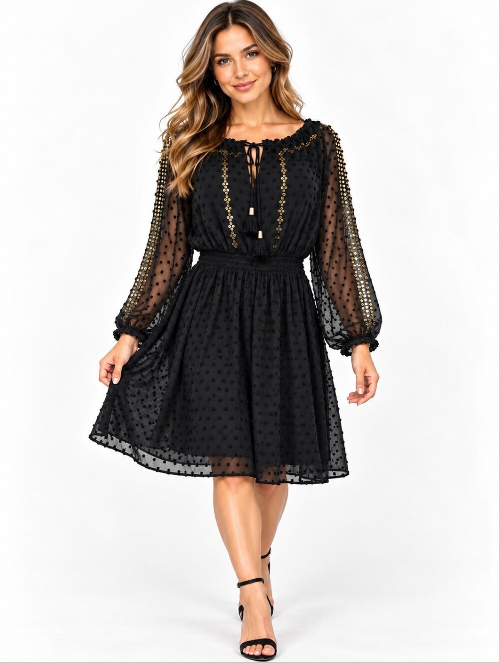 Altuzarra for Target Dress 10 Black Swiss Dot Gold Sequin Boho Midi